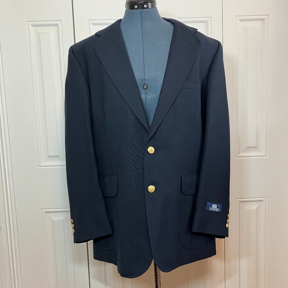 Stafford Wool Blend Navy Suit Jacket with Gold Crest Buttons Size 40R